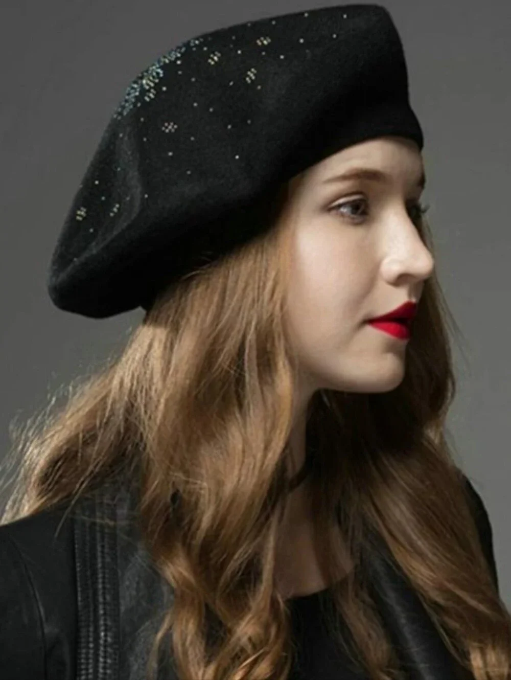 Women's Black Wool Beaded French Beret